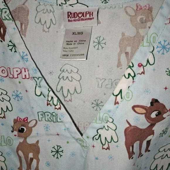 Rudolph the Red Nosed Reindeer Holiday Scrub Top XL Light Blue - Picture 3 of 4